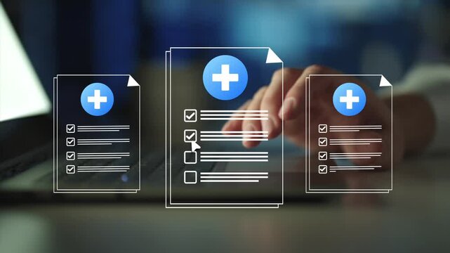 Digital medical records and healthcare automation concept featuring doctors using AI powered systems.