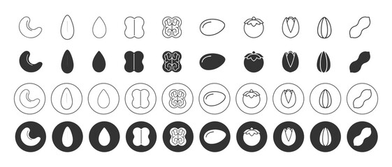 Nuts and Seeds Icon Set.Outline, Glyph and Circular Food Symbol Collection. © Sahara