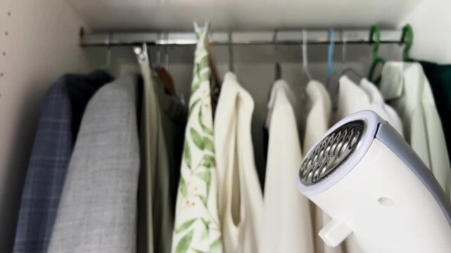 Close-up of a steamer with a powerful jet of steam knocking out of it stands against the background of an open cabinet in which things are hung on hangers. The concept of steaming, ironing, caring for
