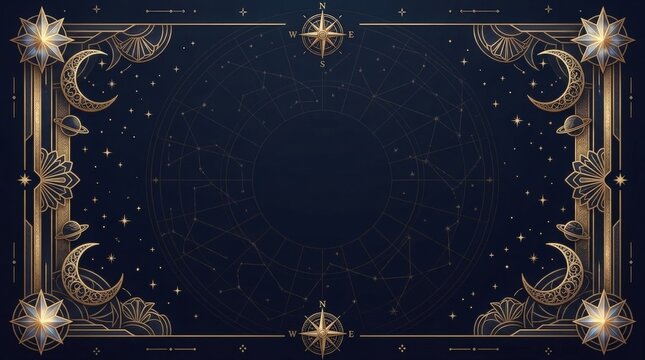 astrology celestial map frame with golden stars and moon phases isolated on transparent background