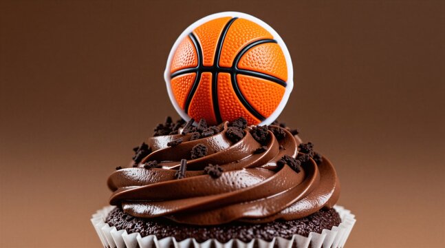 Chocolate cupcake with basketball ball topper on solid brown background. Sweet dessert muffin topped with creamy frosting, dark sprinkles for sports theme birthday party. Delicious bakery snack food