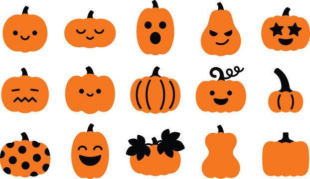 Collection of cute cartoon pumpkins with various funny facial expressions for a fun and festive halloween holiday design