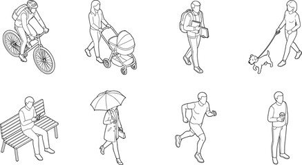 Obraz premium Black and White Vector Illustrations of People Performing Common Daily Urban and Park Activities