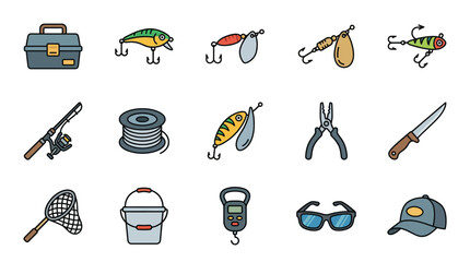 Modern Colorful Flat Set of Fishing Gear and Accessories Including Lures Tools and Safety Gear with high quality professional line art symbols for modern creative design and digital branding projects © bagus