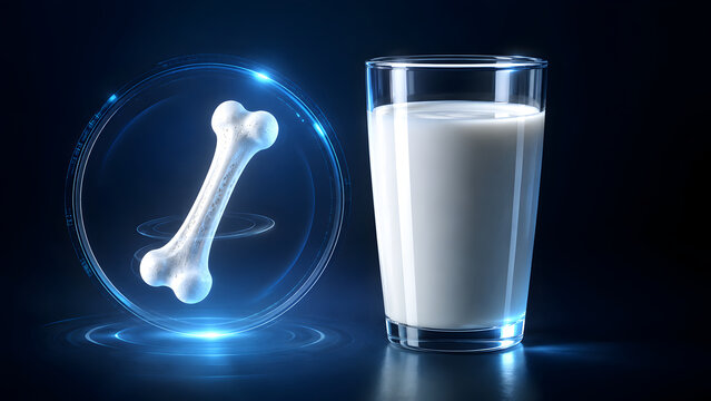 Glass of milk beside glowing blue digital holographic bone icon on dark background. Concept of futuristic bone health nutrition, calcium supplement science, and dairy tech.