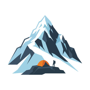 Minimalist Vector Illustration of Mountain Peak and Camping