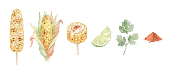 Mexican street corn elote watercolor set with lime, cilantro, and chili powder illustration elements isolated on black background for recipe, menu design, and Latin American food concept. © Fernando