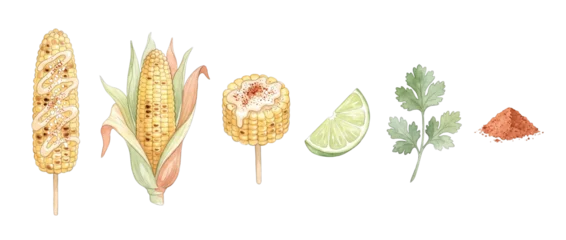 Mexican street corn elote watercolor set with lime, cilantro, and chili powder illustration elements isolated on black background for recipe, menu design, and Latin American food concept. © Fernando