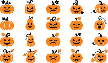 Obraz premium Collection of various hand drawn cartoon pumpkin faces for halloween decorations and festive autumn holiday graphic design projects