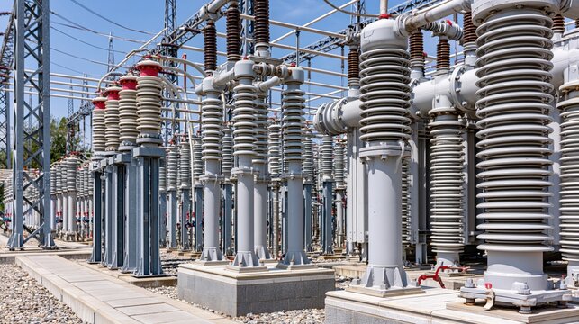 Rows of electrical equipment stand tall at a substation on a clear day.