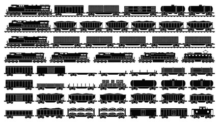 Industrial Black and White of Various Train Cars and Locomotives for Design Projects with high quality professional line art symbols for modern creative design and digital branding projects © bagus