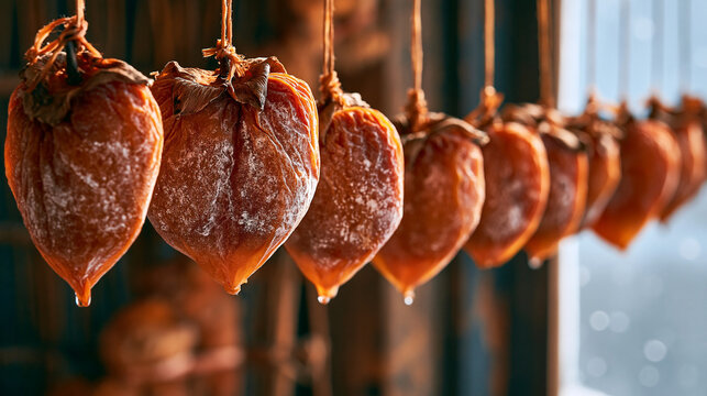 Hoshigaki dried Japanese persimmons hanging by string