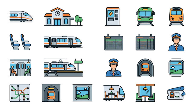 Industrial Flat Set of Modern Train Station Icons with Various Vehicles Personnel and Infrastructure