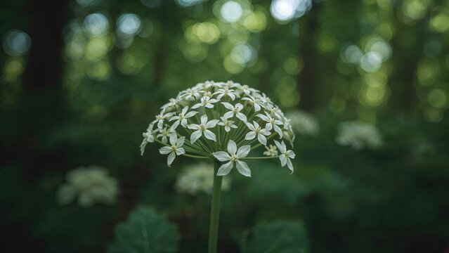 Close-up of a white flower in a green forest setting. Nature, Botany, and Flora. The focus on the flower with a blurred background.