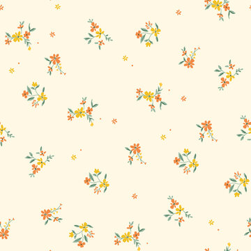 Abstract beautiful light yellow background with cute little ditsy floral seamless print pattern for summer 