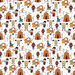 Seamless circus pattern, circus tent, ringmaster, strongman, tiger, seal, bear and acrobat. Retro carnival repeat background. Perfect for wrapping, packaging, stationery, fabric and textile prints. © VitaZukaArt