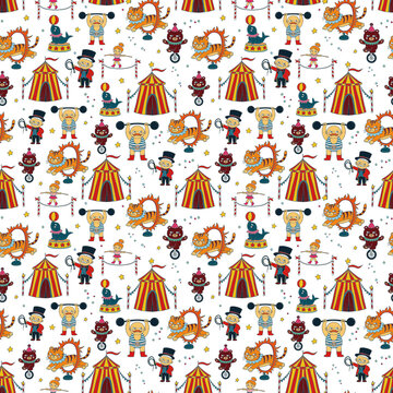 Seamless circus pattern, circus tent, ringmaster, strongman, tiger, seal, bear and acrobat. Retro carnival repeat background. Perfect for wrapping, packaging, stationery, fabric and textile prints.