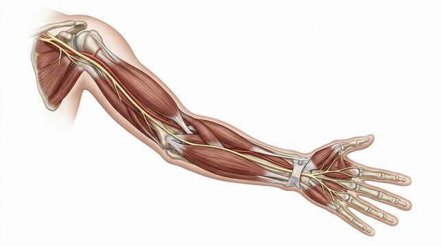 Human arm anatomy with muscle layers and nerve pathways
