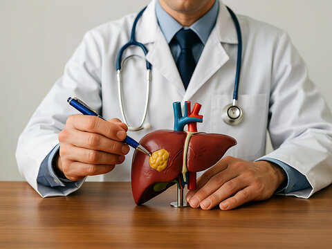 Doctor pointing at tumor on anatomical liver model in hospital clinic desk