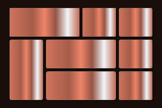 Rose gold gradient swatches, metallic copper texture collection, 7 luxury bronze metal palettes for graphic design and web UI elements