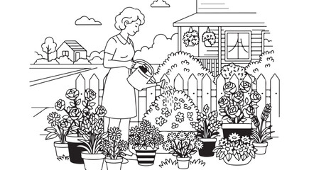 Obraz premium Gardening coloring page with a woman watering potted flowers and plants in front of her house line art illustration