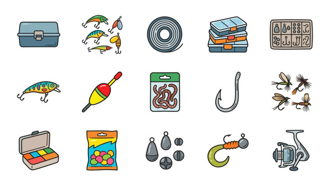 Minimalist Colorful of Fishing Gear and Accessories Set with high quality professional line art symbols for modern creative design and digital branding projects