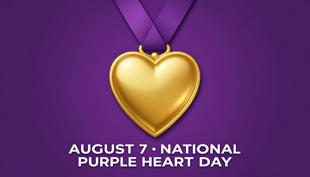Gold heart pendant on purple ribbon with August 7 National Purple Heart Day text on purple background
