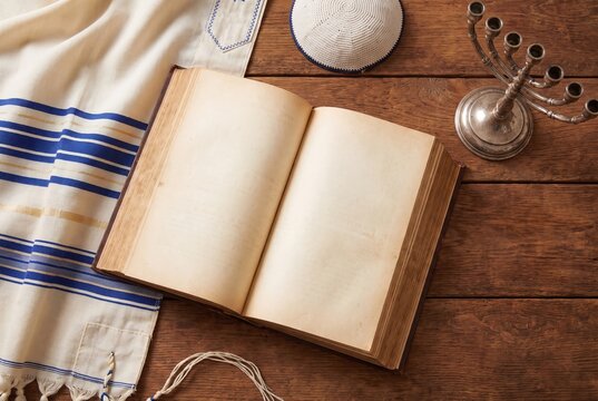 Jewish religious symbols open prayer book tallit kippah and menorah