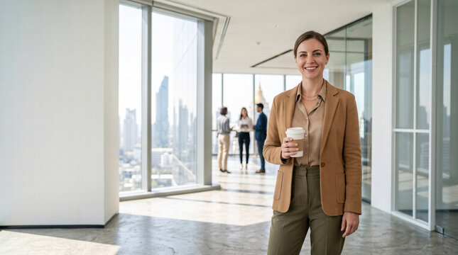 Modern office worker enjoying coffee with city view in background