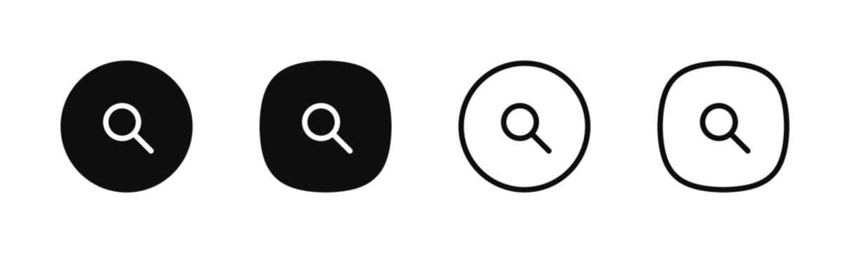 Magnifying glass button icon set in outline and filled styles. Navigation interface. UI symbols for web and app with editable strokes. Circular and rounded square buttons. Vector illustration