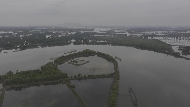 view of oyster farming rafts on the river in Long Son, near Ho Chi Minh City, Vietnam.