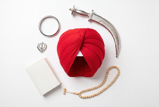 Sikh religious symbols with red turban and kirpan on white background