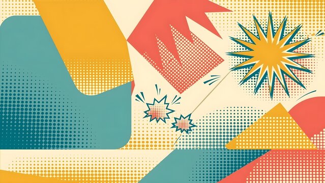 Creative Pop Art Presentation Backdrop, Vintage Comic Book Elements Halftone Benday Dots Geometric Panels Retro Starburst Mustard Teal Coral Cream Vector Design