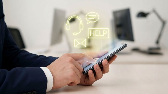 Businessman holding smartphone with glowing customer support help icons