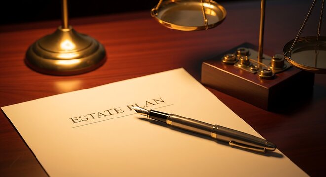 Estate plan document with a fountain pen on a wooden desk