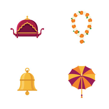 Traditional indian cultural featuring a palanquin floral garland golden bell and decorative umbrella isolated on a white background for