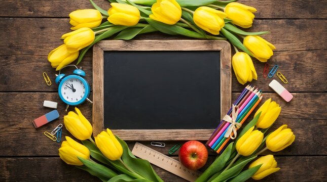 Empty chalkboard with yellow tulips and school supplies for celebrating happy teachers day festive background