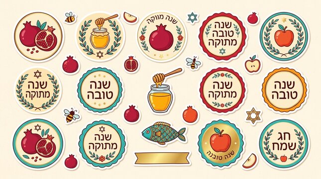 Rosh Hashanah sticker set with traditional Jewish New Year symbols, honey jar, apples, pomegranate, shofar and challah on black background