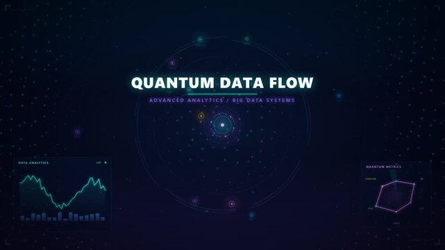 Quantum data flow visualization with glowing particles and futuristic interface elements, representing advanced analytics and big data systems