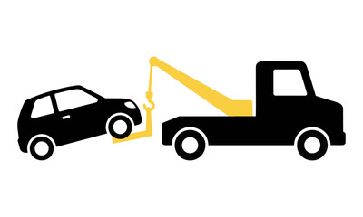 Fototapeta premium Silhouette of a tow truck lifting a compact car with a hook on a white background. Roadside assistance and vehicle recovery concept