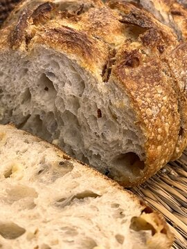 Homemade sourdough bread, open crumb texture close-up