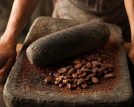 Traditional artisan making chocolate by grinding roasted cacao beans on stone metate