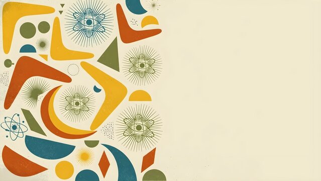 Seamless mid century modern presentation background with 1950s retro geometric shapes, boomerang curves, and atomic sunbursts