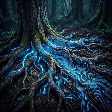 Tree roots transforming into glowing blue digital circuit boards