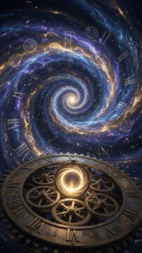 Surreal spiraling vortex of time travel with intricate clockwork mechanism and gear wheels