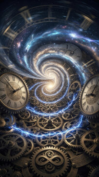 Surreal spiraling vortex of time travel with intricate clockwork mechanism and gear wheels