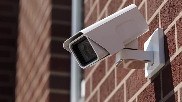 Close up view of modern box shaped surveillance camera mounted on exterior brick wall