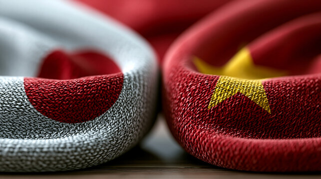 Close up of japanese and chinese flags symbolizing cultural harmony and friendship between the two nations