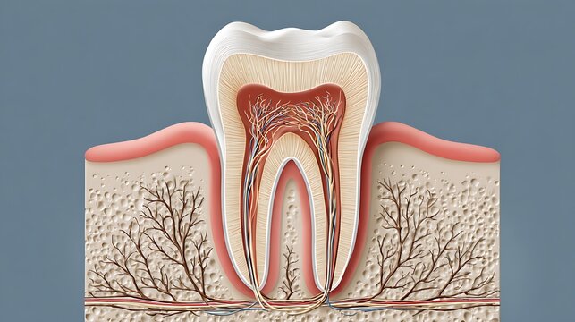 A clean, professional diagram showing the cross-section of a tooth with detailed roots