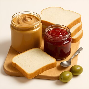 Peanut butter and sweet strawberry jam jars with fresh bread slices